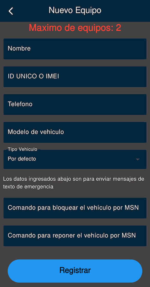 Registro de vehiculo en app chiletrack sos